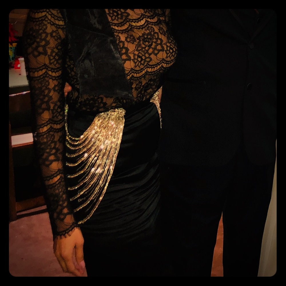 Satin black pencil skirt, with silver applications